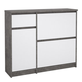 Naia Shoe Cabinet with 2 Shoe Compartments, 1 Door and 1 Drawer in Concrete and White High Gloss
