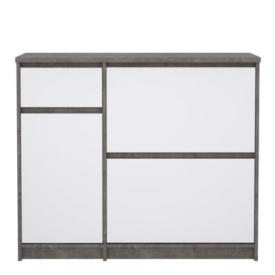 Naia Shoe Cabinet with 2 Shoe Compartments, 1 Door and 1 Drawer in Concrete and White High Gloss