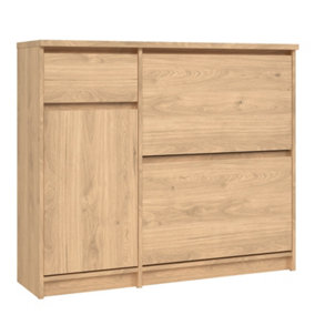 Naia Shoe Cabinet with 2 Shoe Compartments, 1 Door and 1 Drawer in Jackson Hickory Oak