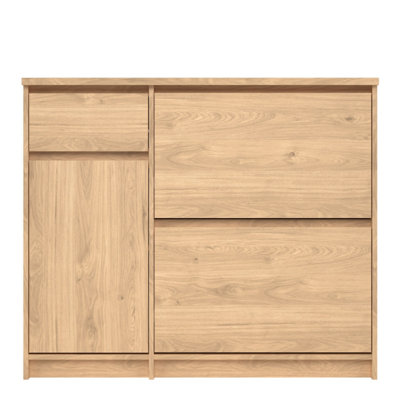Naia Shoe Cabinet with 2 Shoe Compartments, 1 Door and 1 Drawer in Jackson Hickory Oak
