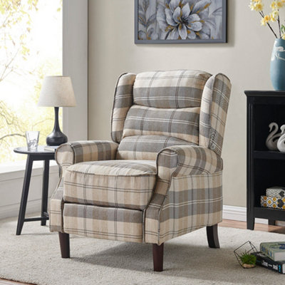 Nairn Beige Tartan Recliner Chair High Backrest Winged Scroll Armrests Wooden Feet Manual Recline Footrest