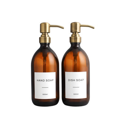 Namie Home Amber Glass Double Dispenser Set of 2 For Hand Soap & Dish Soap With Pump and White Waterproof Label Price Comparisons | Compare The Build