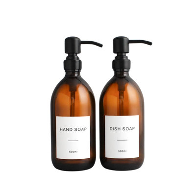 Namie Home Amber Glass Double Dispenser Set of 2 For Hand Soap & Dish Soap With Pump and White Waterproof Label Price Comparisons | Compare The Build