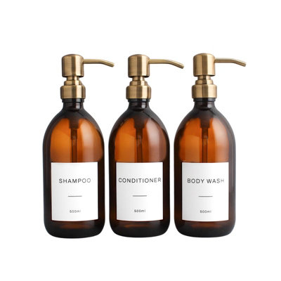 Namie Home Amber Glass Triple Dispenser Set of 3 For Body Wash, Shampoo & Conditioner With Pump and White Waterproof Label Price Comparisons | Compare The Build