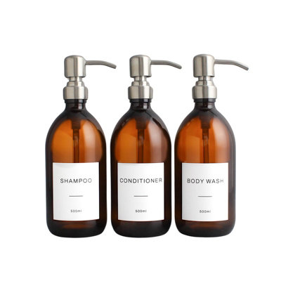 Namie Home Amber Glass Triple Dispenser Set of 3 For Body Wash, Shampoo & Conditioner With Pump and White Waterproof Label Price Comparisons | Compare The Build