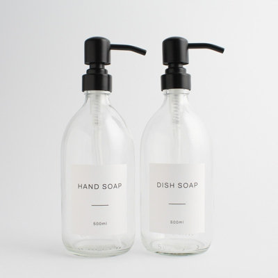 Namie Home Clear Glass Double Dispenser Set of 2 For Hand Soap & Dish Soap With Pump and White Waterproof Label Price Comparisons | Compare The Build