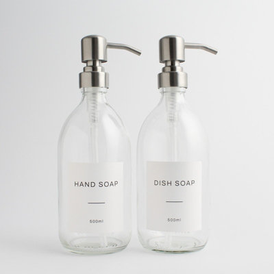 Namie Home Clear Glass Double Dispenser Set of 2 For Hand Soap & Dish Soap With Pump and White Waterproof Label Price Comparisons | Compare The Build