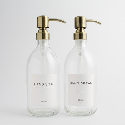 Namie Home Clear Glass Double Dispenser Set of 2 For Hand Soap & Hand Cream With Pump and White Waterproof Label Price Comparisons | Compare The Build