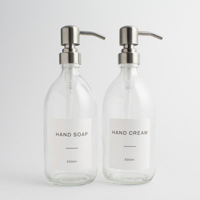 Namie Home Clear Glass Double Dispenser Set of 2 For Hand Soap & Hand Cream With Pump and White Waterproof Label Price Comparisons | Compare The Build