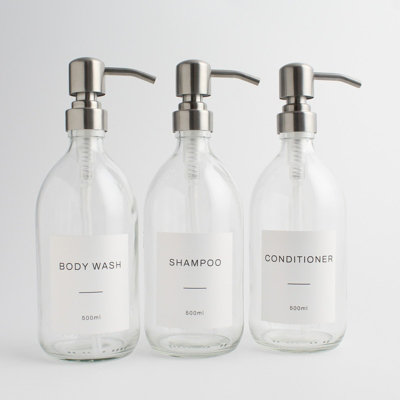 Namie Home Clear Glass Triple Dispenser Set of 3 For Body Wash, Shampoo & Conditioner With Pump and White Waterproof Label Price Comparisons | Compare The Build