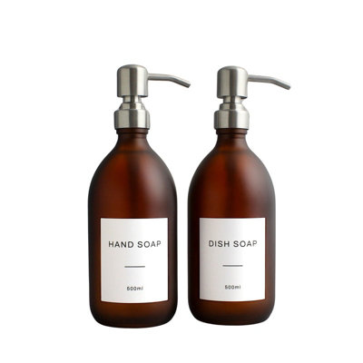 Namie Home Frosted Amber Glass Double Dispenser Set of 2 For Hand Soap & Dish Soap With Pump and White Waterproof Label Price Comparisons | Compare The Build