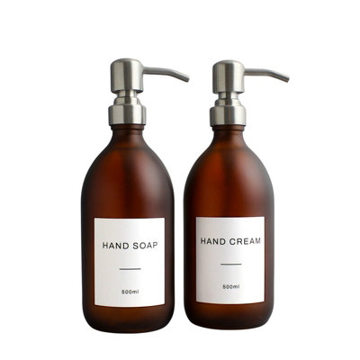 Namie Home Frosted Amber Glass Double Dispenser Set of 2 For Hand Soap & Hand Cream With Pump and White Waterproof Label Price Comparisons | Compare The Build