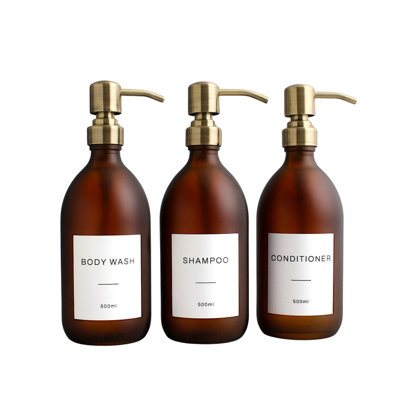 Namie Home Frosted Amber Glass Triple Dispenser Set of 3 For Body Wash, Shampoo & Conditioner With Pump and White Waterproof Label Price Comparisons | Compare The Build