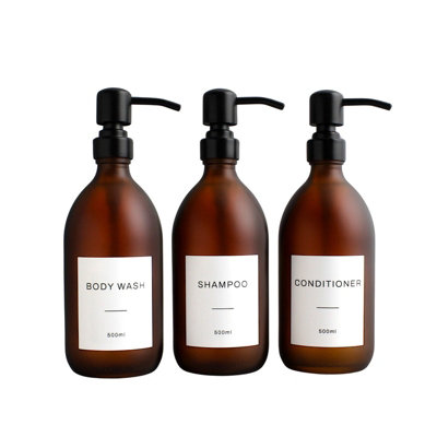 Namie Home Frosted Amber Glass Triple Dispenser Set of 3 For Body Wash, Shampoo & Conditioner With Pump and White Waterproof Label Price Comparisons | Compare The Build