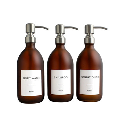 Namie Home Frosted Amber Glass Triple Dispenser Set of 3 For Body Wash, Shampoo & Conditioner With Pump and White Waterproof Label Price Comparisons | Compare The Build