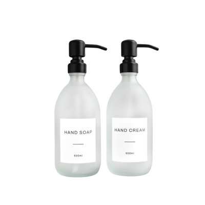 Namie Home Frosted White Glass Double Dispenser Set of 2 For Hand Soap & Hand Cream With Pump and White Waterproof Label Price Comparisons | Compare The Build