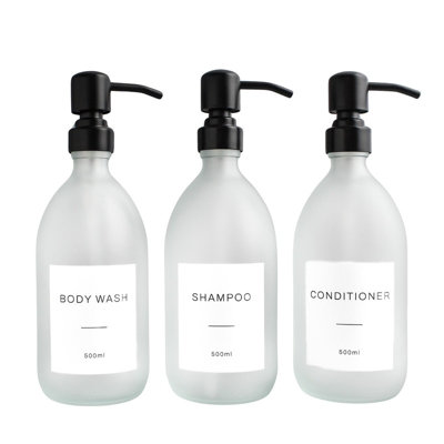 Namie Home Frosted White Glass Triple Dispenser Set of 3 For Body Wash, Shampoo & Conditioner With Pump and White Waterproof Label Price Comparisons | Compare The Build
