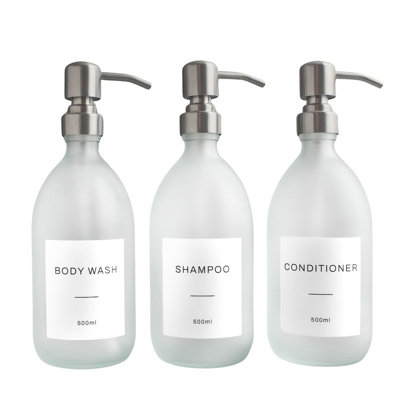 Namie Home Frosted White Glass Triple Dispenser Set of 3 For Body Wash, Shampoo & Conditioner With Pump and White Waterproof Label Price Comparisons | Compare The Build