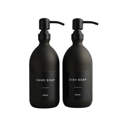 Namie Home Matte Black Glass Double Dispenser Set of 2 For Hand Soap & Dish Soap With Pump and Black Waterproof Label Price Comparisons | Compare The Build