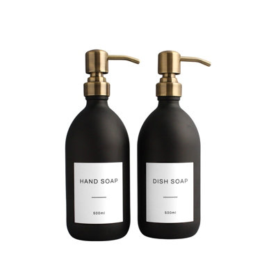 Namie Home Matte Black Glass Double Dispenser Set of 2 For Hand Soap & Dish Soap With Pump and White Waterproof Label Price Comparisons | Compare The Build