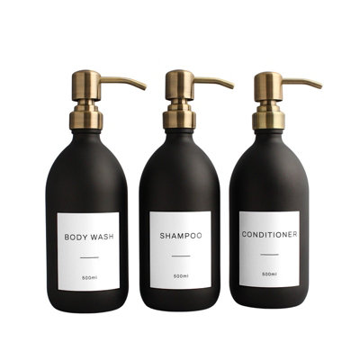 Namie Home Matte Black Glass Triple Dispenser Set of 3 For Body Wash, Shampoo & Conditioner With Pump and White Waterproof Label Price Comparisons | Compare The Build