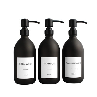 Namie Home Matte Black Glass Triple Dispenser Set of 3 For Body Wash, Shampoo & Conditioner With Pump and White Waterproof Label Price Comparisons | Compare The Build