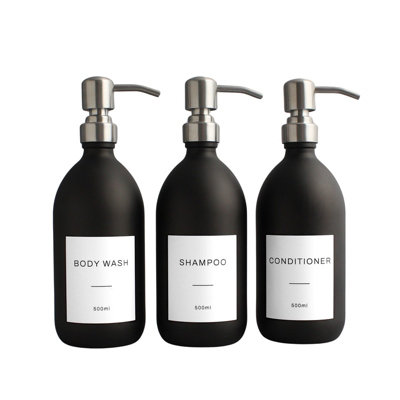 Namie Home Matte Black Glass Triple Dispenser Set of 3 For Body Wash, Shampoo & Conditioner With Pump and White Waterproof Label Price Comparisons | Compare The Build