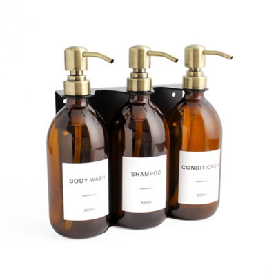 Namie Home Wall Bracket Dispenser Set - Body Wash, Shampoo & Conditioner Triple Amber Glass 500ml Bottles With Mounted Holder Price Comparisons | Compare The Build