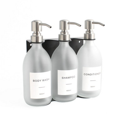 Namie Home Wall Bracket Dispenser Set - Body Wash, Shampoo & Conditioner Triple Frosted White Glass Bottles With Mounted Holder Price Comparisons | Compare The Build