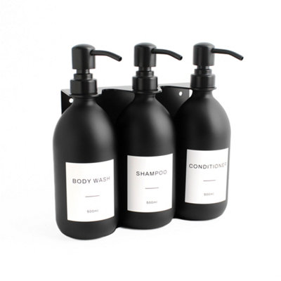 Namie Home Wall Bracket Dispenser Set - Body Wash, Shampoo & Conditioner Triple Matte Black Glass Bottles With Mounted Holder Price Comparisons | Compare The Build
