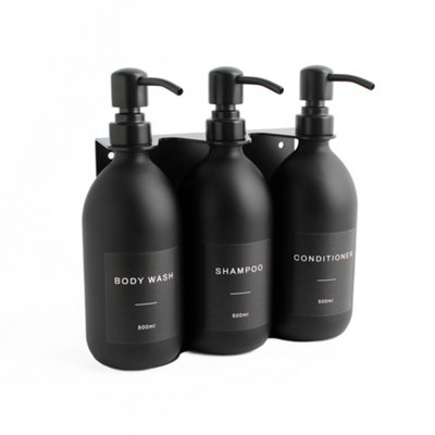 Namie Home Wall Bracket Dispenser Set - Body Wash, Shampoo & Conditioner Triple Matte Black Glass Bottles With Mounted Holder Price Comparisons | Compare The Build