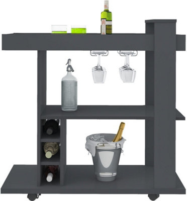 Naples Bar Drinks Cart Oak Finish Bottle Glass Storage Grey