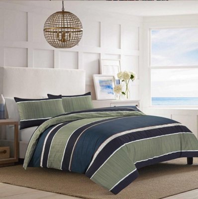 Nate Block Stripe Duvet Cover Set Olive Green/ Navy Blue Bedding Modern