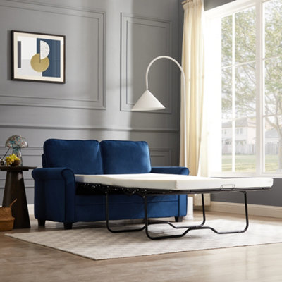 Nathan 2 Seater Fabric Pull Out Sofa Bed With Mattress, Blue Velvet