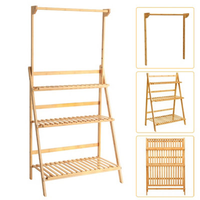 Natural 3 Tier Foldable Wooden Ladder Plant Stand with Hanging Rod