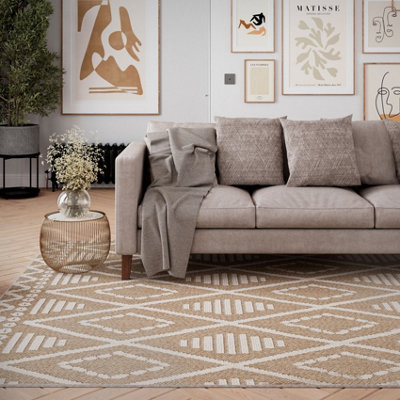 Natural Beige Diamond Trellis Textured 3D Pile Living Area Rug 200x290cm