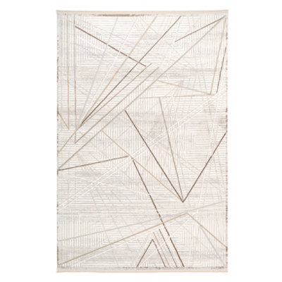 Natural Beige Super Soft Geometric Fringed Area Rug 120x170cm