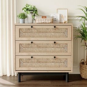 Natural Chest of Drawers 3 Large Drawer Storage Dresser Wooden Cabinets 76cm H x 77cm W x 39.5cm D
