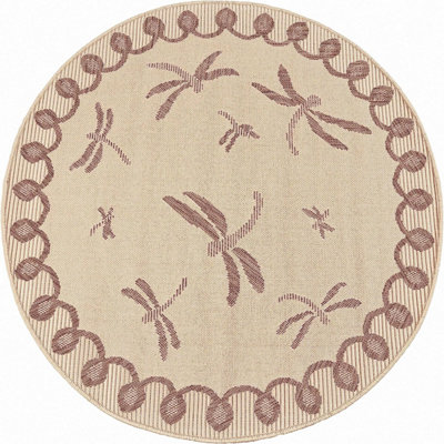 Natural Dragonfly Garden Patio Rug - Weatherproof, Mould & Mildew Resistant Indoor Outdoor Mat - Round 120cm Diameter