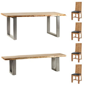 Natural Essential Live Edge Large Dining Table Set 4 Chairs And 1 Bench