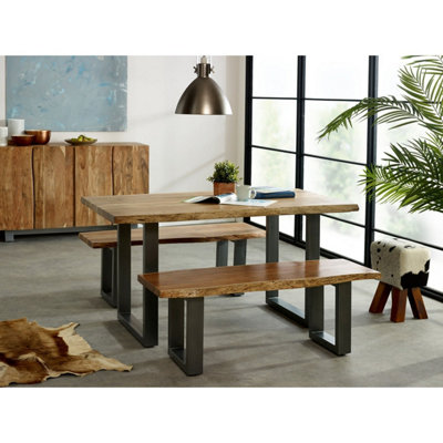 Natural Essential Live Edge Large Dining Table Set With 2 Bench