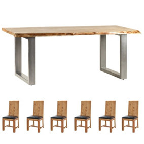 Natural Essential Live Edge Large Dining Table With 6 Chairs Set
