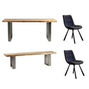 Natural Essential Live Edge Medium Dining Table 2 Chairs And 1 Bench Set