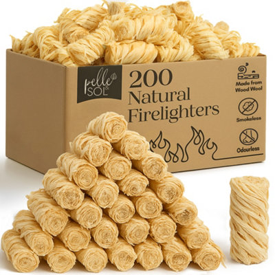 Natural Firelighters 200 Pack Wood Wool Fire Starters for BBQ & Wood Burners