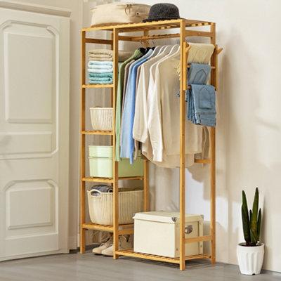 Natural Freestanding Wooden Clothes Rack with Hooks and Shelves