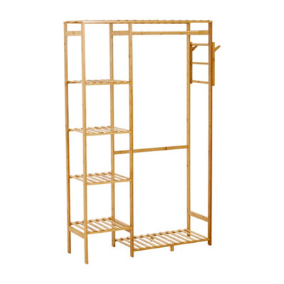 Natural Freestanding Wooden Clothes Rack with Hooks and Shelves