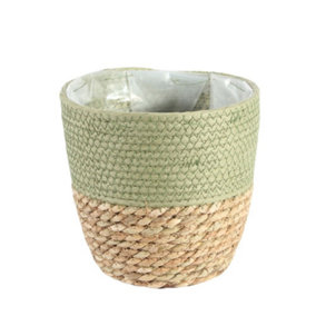 Natural & Green Two Tone Seagrass Basket Planter. Lined. H18 cm