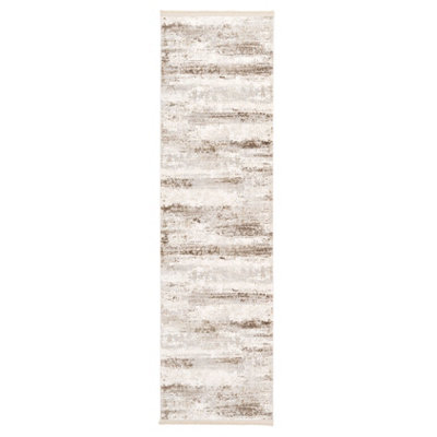 Natural Greige Super Soft Abstract Fringed Runner Rug 60x240cm