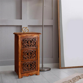 Natural Hand Made Indian Mango Wood 3 Drawer Storage Unit Bedside Table Light Brown 37.5 x 33 x 67 cm