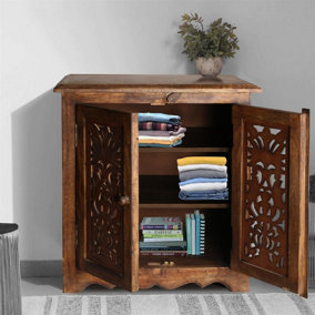 Natural Hand Made Indian Mango Wood Shoe Cupboard Storage Unit Cabinet Light Brown 59 x 36.5 x 61 cm
